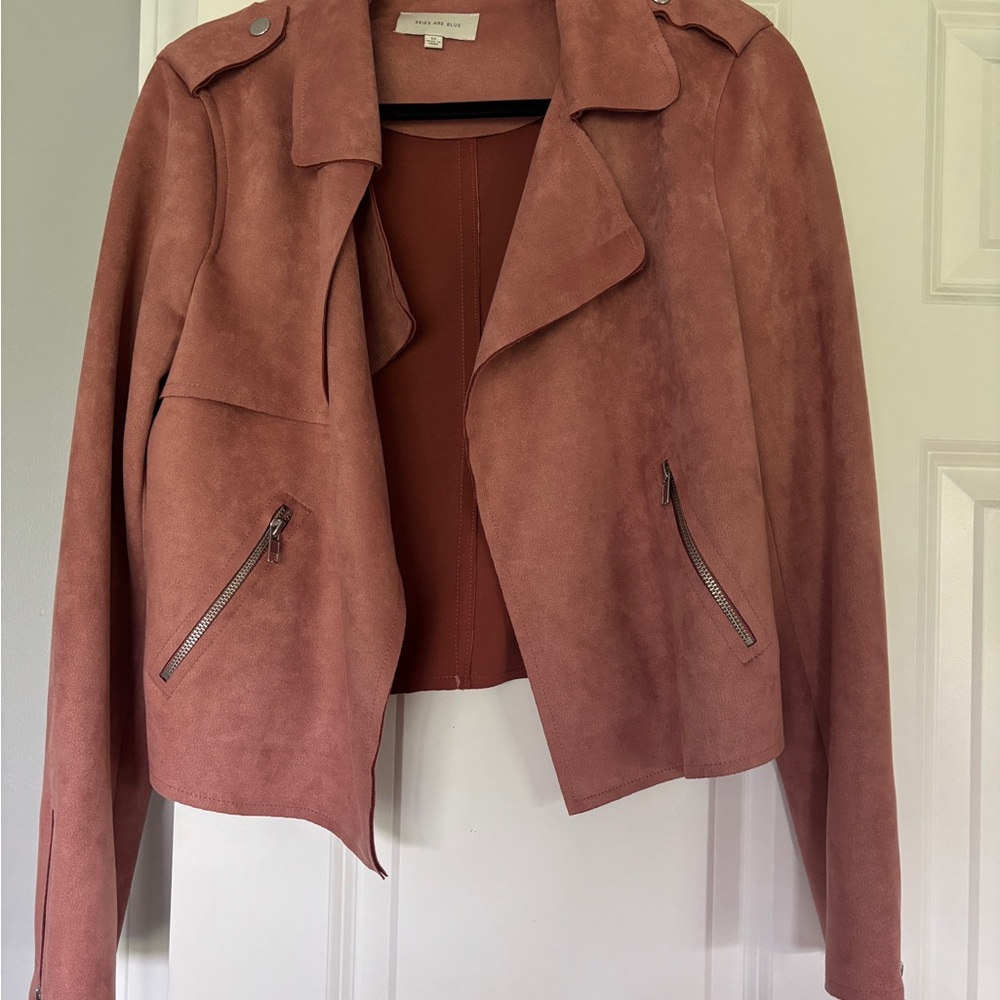 Skies Are Blue Faux Suede Moto Jacket Pink Rose Color Open
Front